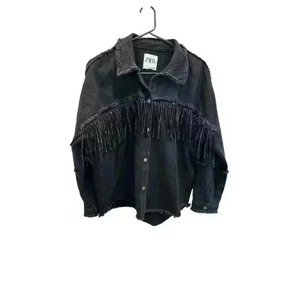 Zara Black Raw Hem Fringe Rhinestone Distressed Jacket Size M, Pre-Owned. - Picture 1 of 10